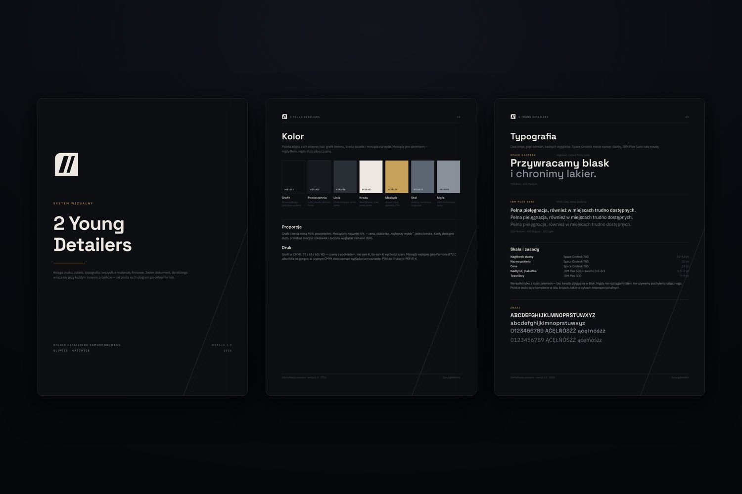 three pages from the 2 Young Detailers brand book: cover, colour palette and typography