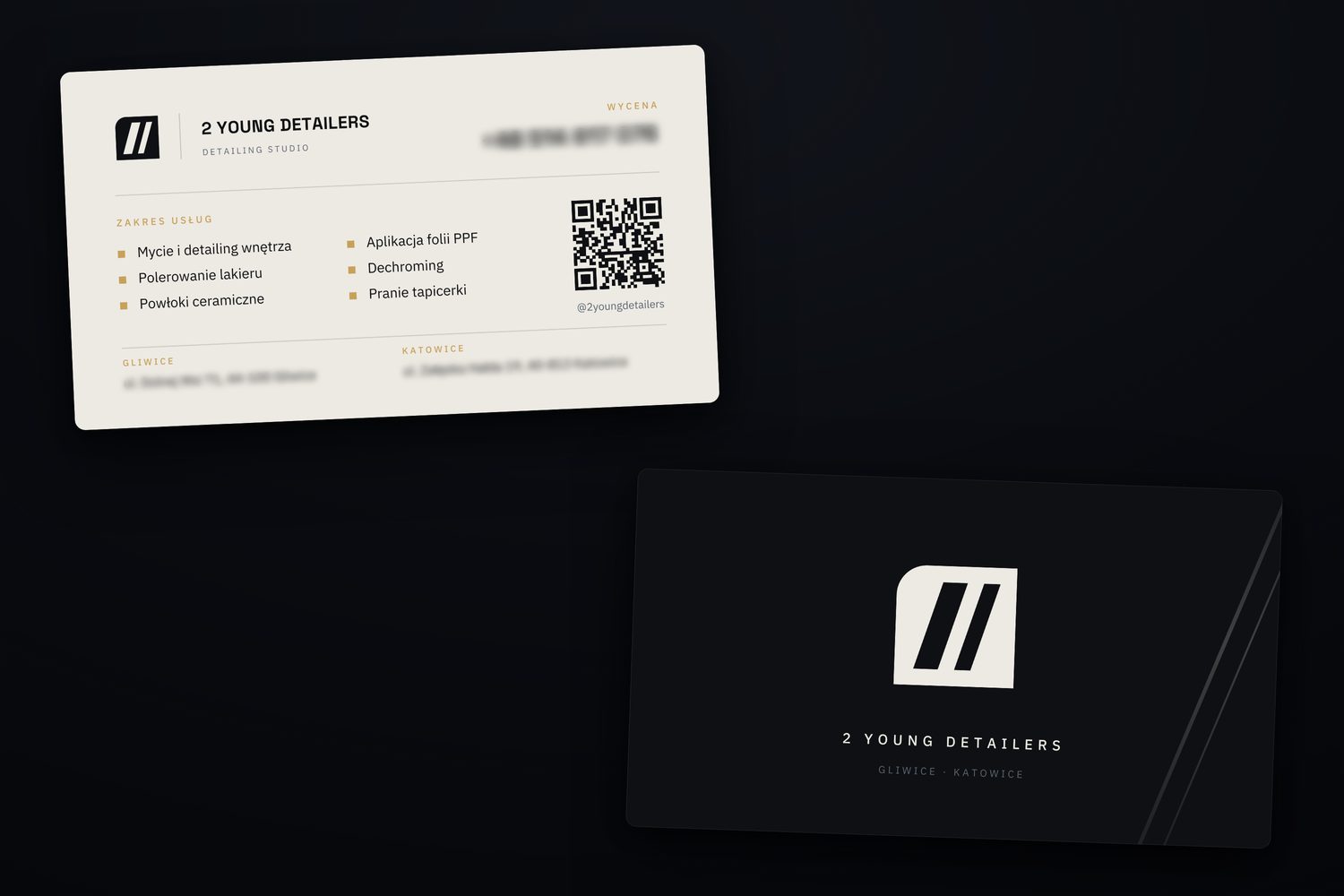 the 2 Young Detailers business card, front and back, with the list of services, a QR code and contact details