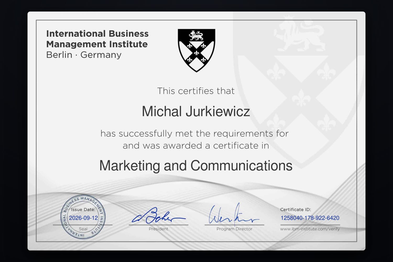 certyfikat International Business Management Institute w Berlinie dla Michała Jurkiewicza z zakresu Marketing and Communications